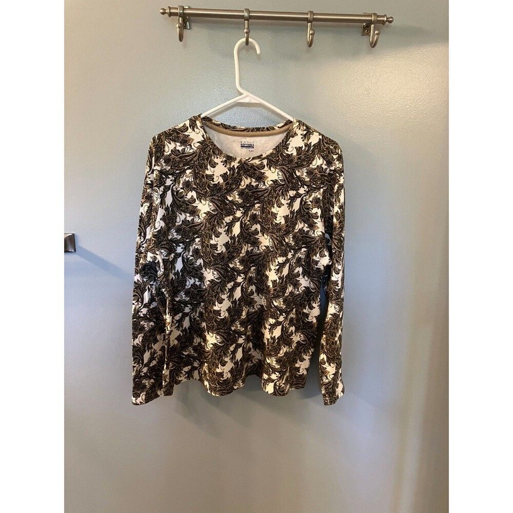 Basic Edition Womens XL Brown Leaves Long Sleeve Tee